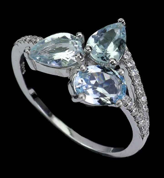 Sterling Silver 925 Aquamarine Ring - 14k White Gold Plated