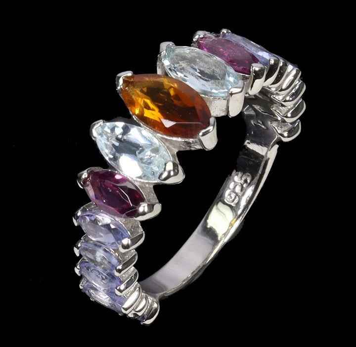 925 Sterling Silver Multi-Gemstone Ring - Citrine, Aquamarine, Rhodolite Garnet & Tanzanite