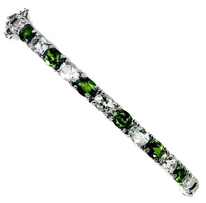 Sterling Silver Bracelet with Aquamarine and Chrome Diopside - 14k White Gold Plated