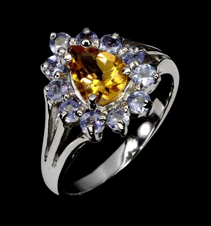 Natural Citrine & Tanzanite Halo Ring - 925 Sterling Silver White Gold Plated