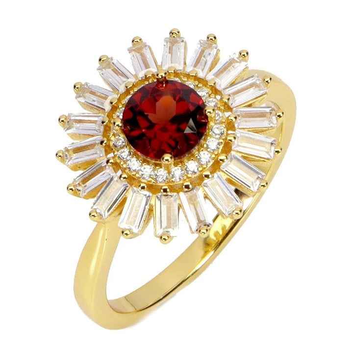 Mozambique Garnet Sterling Silver Ring - 14k Gold Plated Sunburst Design