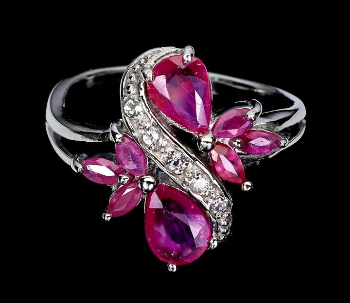 Natural Ruby Butterfly Ring - 925 Sterling Silver with White Gold Plating