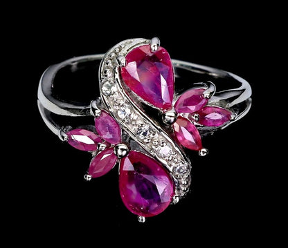 Natural Ruby Butterfly Ring - 925 Sterling Silver with White Gold Plating