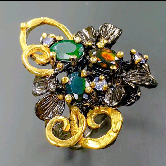 Multicolor Black Opal and Topaz Ring - 925 Sterling Silver with Gold and Black Rhodium Plating