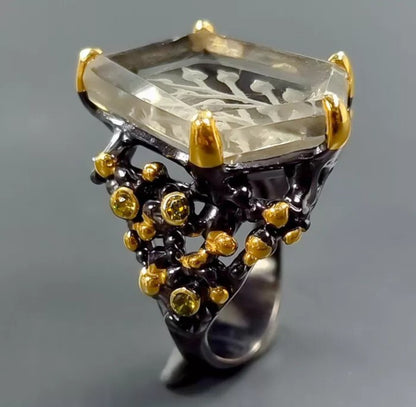 Green Amethyst Ring with Peridot - Sterling Silver Black Rhodium and Gold Plated