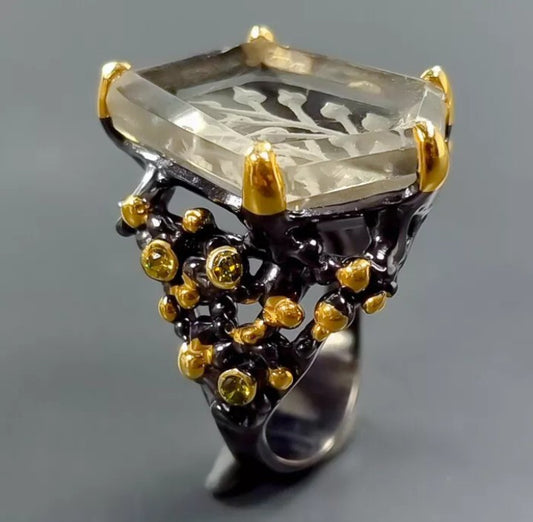 Green Amethyst Ring with Peridot - Sterling Silver Black Rhodium and Gold Plated