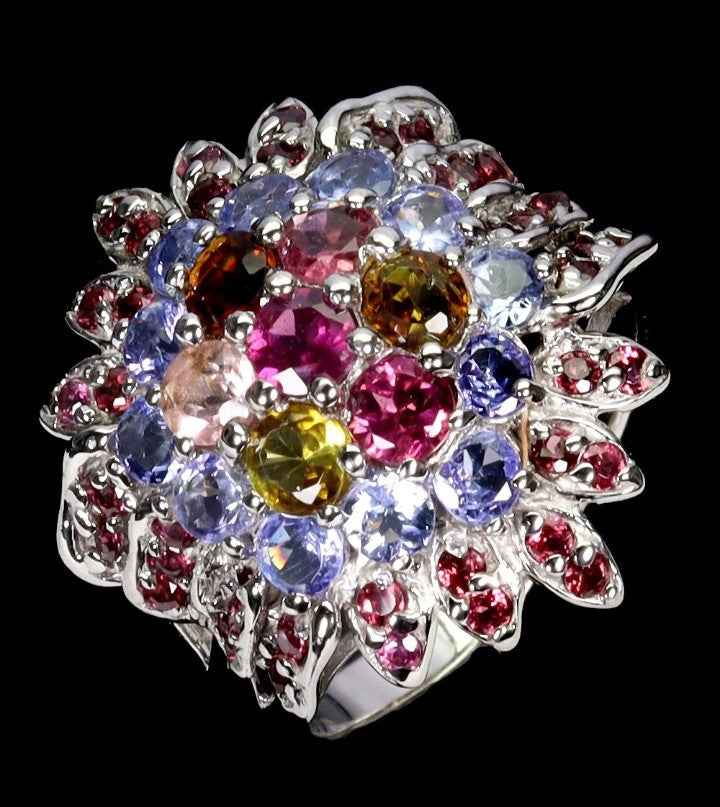 Sterling Silver Multi-Gemstone Flower Ring - Rhodolite Garnet, Tanzanite & Tourmaline