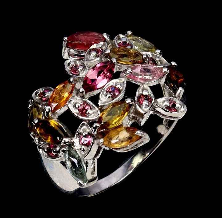 925 Sterling Silver Multicolored Tourmaline & Rhodolite Garnet Ring - 14K White Gold Plated