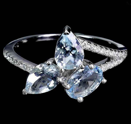 Sterling Silver 925 Aquamarine Ring - 14k White Gold Plated