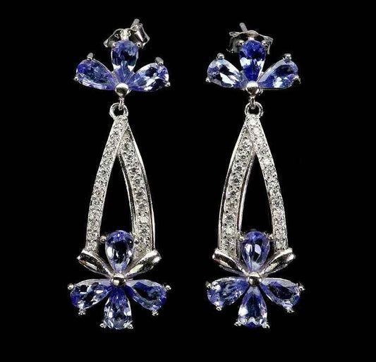 925 Sterling Silver Tanzanite Pear Drop Earrings with CZ Accents