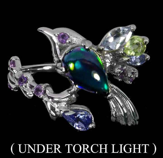 Ethiopian Black Opal Bird Ring - 925 Sterling Silver with Amethyst, Aquamarine, Peridot & Tanzanite