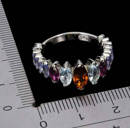 925 Sterling Silver Multi-Gemstone Ring - Citrine, Aquamarine, Rhodolite Garnet & Tanzanite
