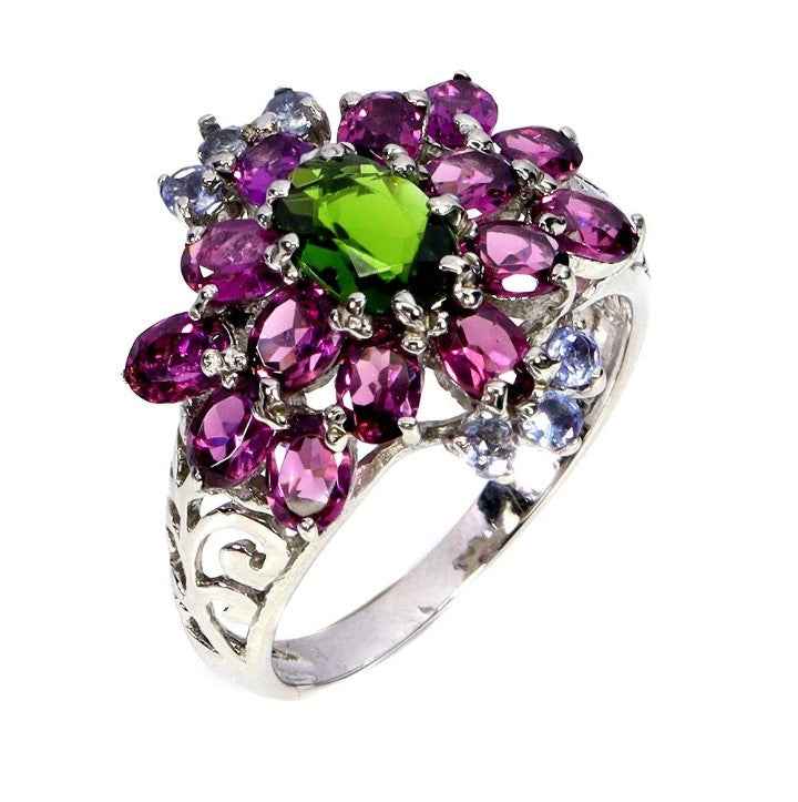 925 Sterling Silver Multi-Gemstone Ring - Chromium Diopside, Rhodolite Garnet & Tanzanite