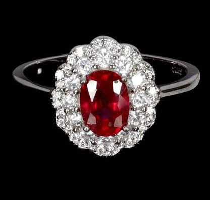 925 Sterling Silver Ruby Ring - 14k White Gold Plated Oval Cut Madagascar Ruby with CZ Halo
