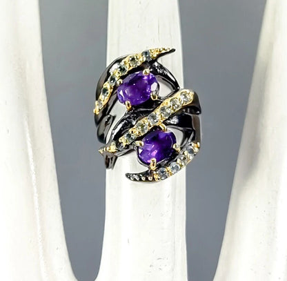 Black Rhodium & Gold Plated Amethyst Ring with Topaz Accents