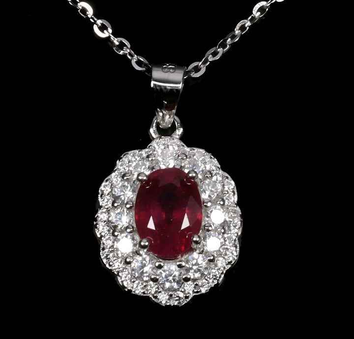 Sterling Silver Ruby Necklace - Natural Gemstone White Gold Plated 18 Inch