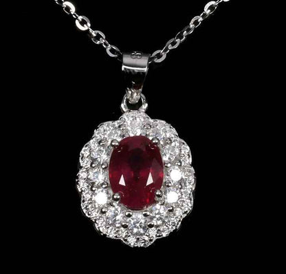 Sterling Silver Ruby Necklace - Natural Gemstone White Gold Plated 18 Inch