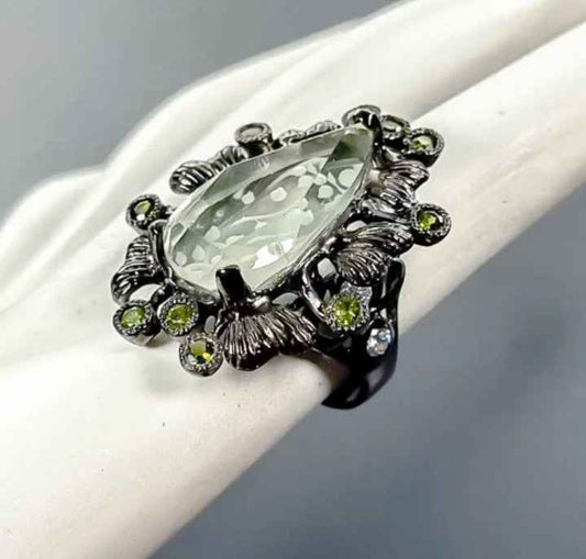 Green Amethyst Peridot Ring - 925 Sterling Silver Black Rhodium Plated