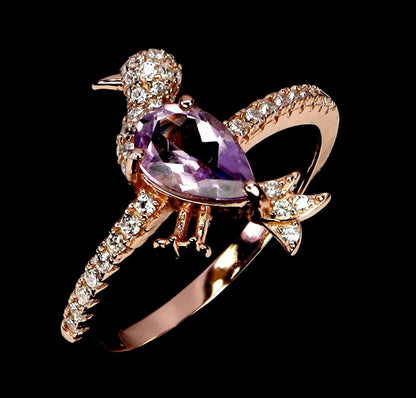925 Sterling Silver Amethyst Swan Ring - 14k Rose Gold Plated