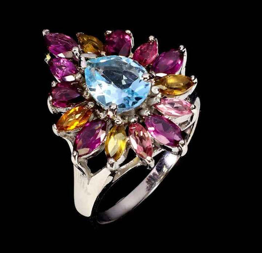 Sterling Silver 925 Ring with Sky Blue Topaz, Tourmaline and Rhodolite Garnet
