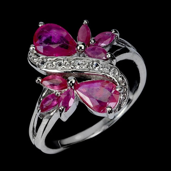 Natural Ruby Butterfly Ring - 925 Sterling Silver with White Gold Plating