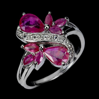 Natural Ruby Butterfly Ring - 925 Sterling Silver with White Gold Plating