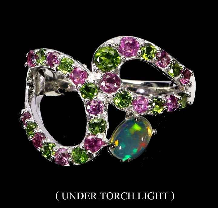 Ethiopian Fire Opal Ring - 925 Sterling Silver with Chrome Diopside & Rhodolite Garnet - Size 7.5