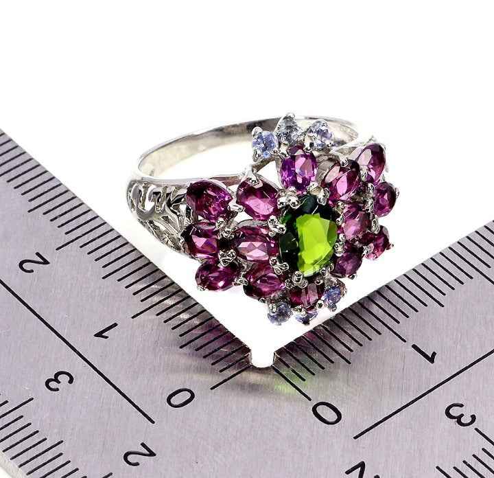 925 Sterling Silver Multi-Gemstone Ring - Chromium Diopside, Rhodolite Garnet & Tanzanite