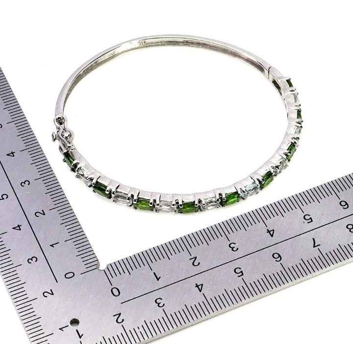 Sterling Silver Bracelet with Aquamarine and Chrome Diopside - 14k White Gold Plated