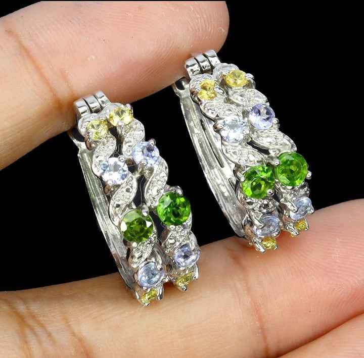 Multi-Gemstone Sterling Silver Hoop Earrings - Chrome Diopside, Aquamarine & Sapphire