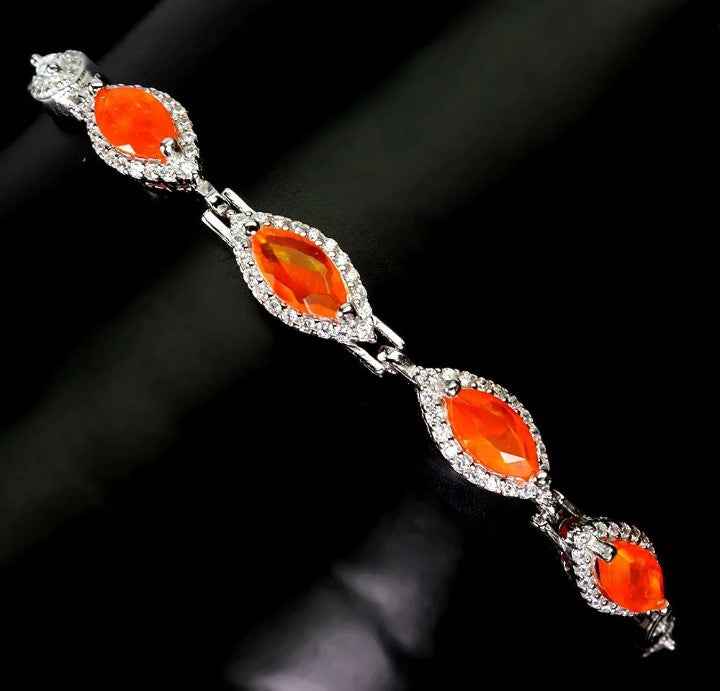 Ethiopian Orange Opal Marquise Cut Sterling Silver Bracelet - 14k White Gold Plated