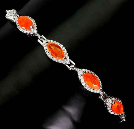 Ethiopian Orange Opal Marquise Cut Sterling Silver Bracelet - 14k White Gold Plated