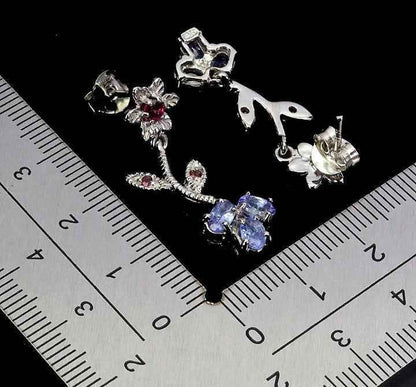 Tanzanite & Rhodolite Garnet Flower Earrings - 925 Sterling Silver with 14K White Gold Plating