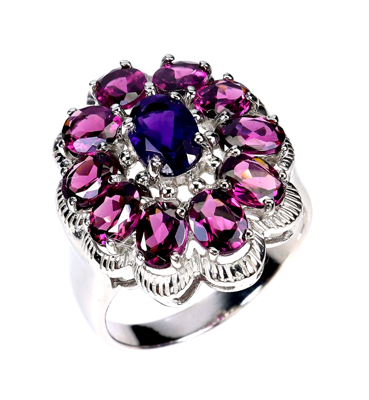 Silver ring with purple and pink gemstones on a white background