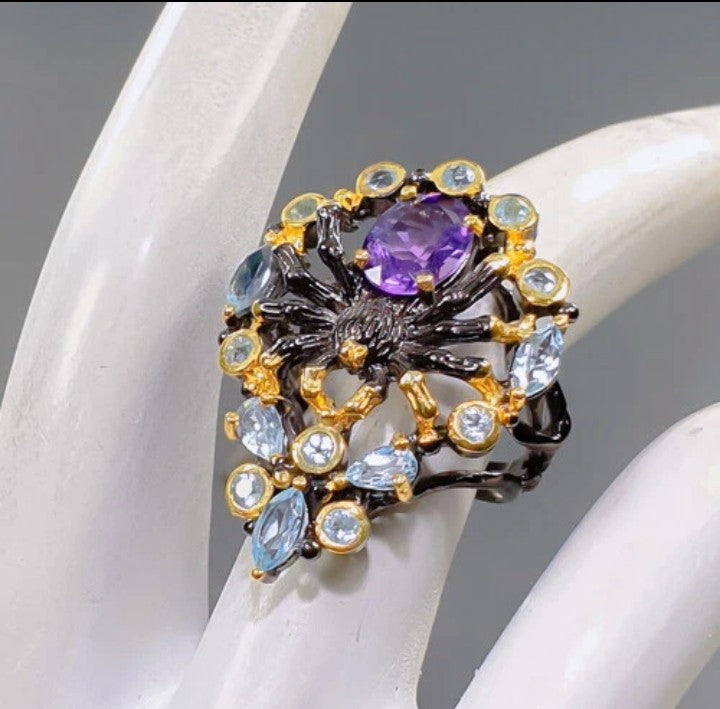 Amethyst Topaz Ring - Black Rhodium & Gold Plated Sterling Silver
