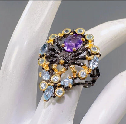 Amethyst Topaz Ring - Black Rhodium & Gold Plated Sterling Silver