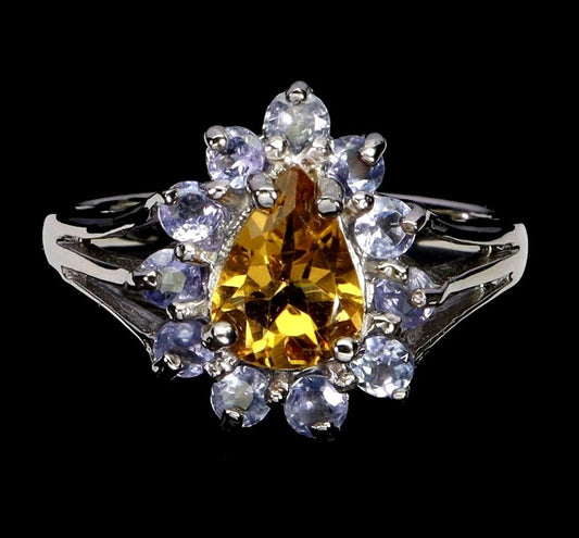 Natural Citrine & Tanzanite Halo Ring - 925 Sterling Silver White Gold Plated