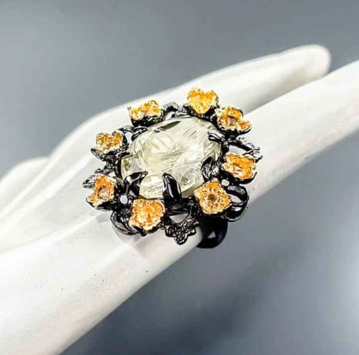 Lemon Quartz and Peridot Ring - 925 Sterling Silver with Black Rhodium and Gold Plating