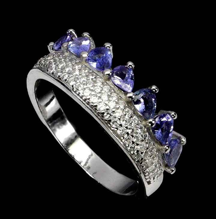 Natural Tanzanite Sterling Silver Ring - 14k White Gold Plated