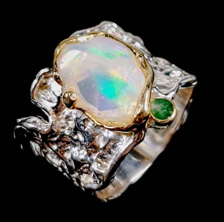 Multicolor Opal Ring with Emerald Accents in Sterling Silver