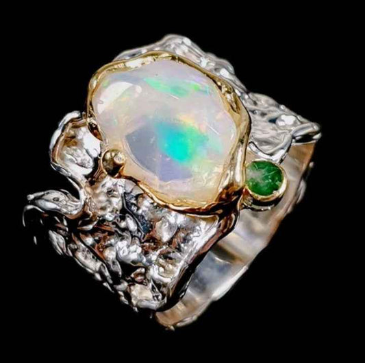 Multicolor Opal Ring with Emerald Accents in Sterling Silver