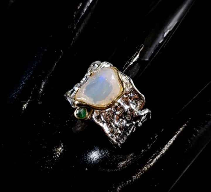 Multicolor Opal Ring with Emerald Accents in Sterling Silver