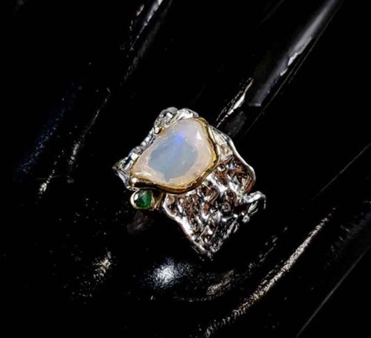 Multicolor Opal Ring with Emerald Accents in Sterling Silver