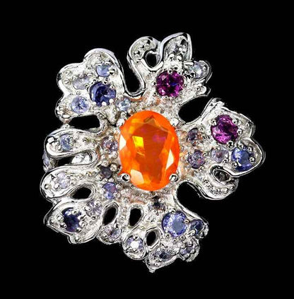 Sterling Silver Ring with Orange Opal, Rhodolite Garnet & Tanzanite