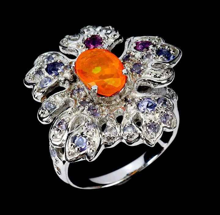 Sterling Silver Ring with Orange Opal, Rhodolite Garnet & Tanzanite