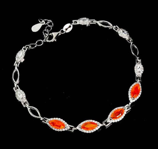 Ethiopian Orange Opal Marquise Cut Sterling Silver Bracelet - 14k White Gold Plated