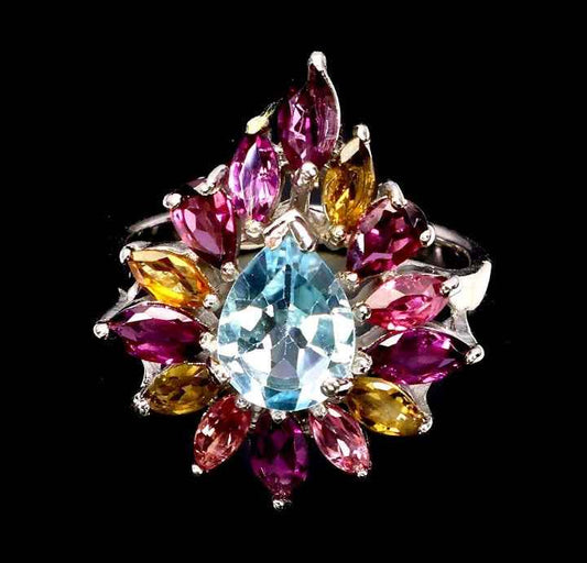 Sterling Silver 925 Ring with Sky Blue Topaz, Tourmaline and Rhodolite Garnet