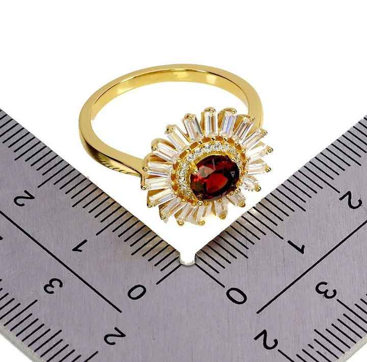 Mozambique Garnet Sterling Silver Ring - 14k Gold Plated Sunburst Design