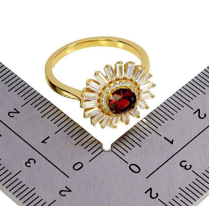 Mozambique Garnet Sterling Silver Ring - 14k Gold Plated Sunburst Design