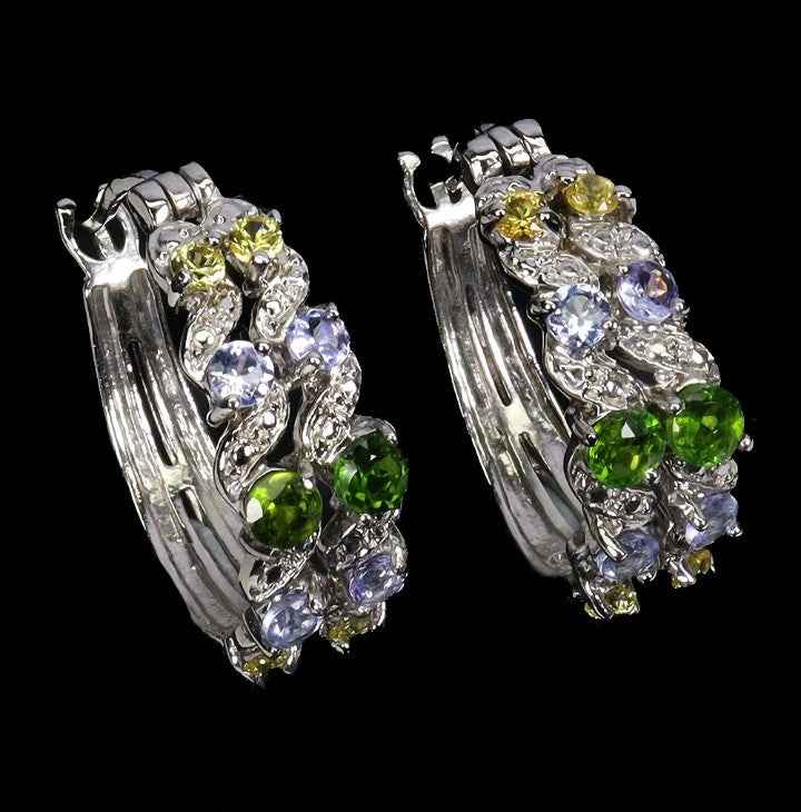 Multi-Gemstone Sterling Silver Hoop Earrings - Chrome Diopside, Aquamarine & Sapphire